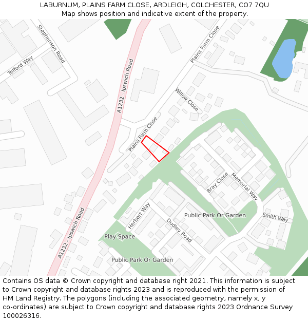 LABURNUM, PLAINS FARM CLOSE, ARDLEIGH, COLCHESTER, CO7 7QU: Location map and indicative extent of plot