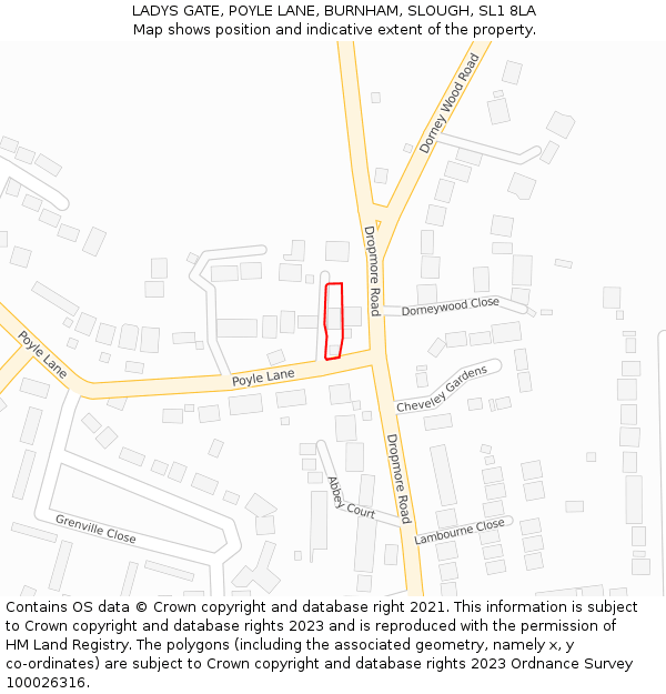 LADYS GATE, POYLE LANE, BURNHAM, SLOUGH, SL1 8LA: Location map and indicative extent of plot