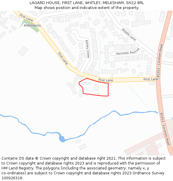 LAGARD HOUSE, FIRST LANE, WHITLEY, MELKSHAM, SN12 8RL: Location map and indicative extent of plot
