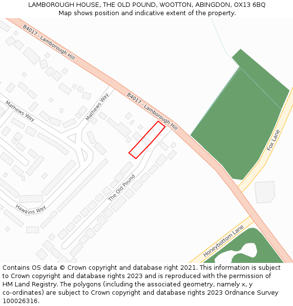 LAMBOROUGH HOUSE, THE OLD POUND, WOOTTON, ABINGDON, OX13 6BQ: Location map and indicative extent of plot