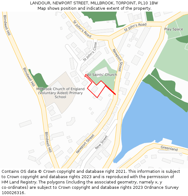 LANDOUR, NEWPORT STREET, MILLBROOK, TORPOINT, PL10 1BW: Location map and indicative extent of plot