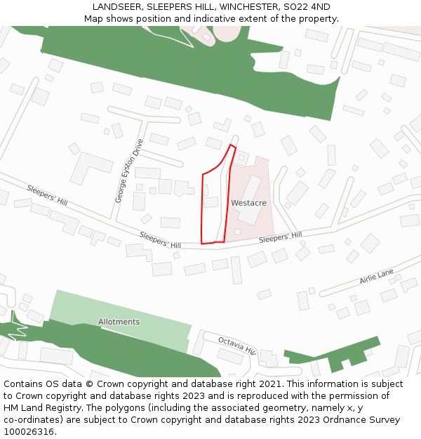 LANDSEER, SLEEPERS HILL, WINCHESTER, SO22 4ND: Location map and indicative extent of plot