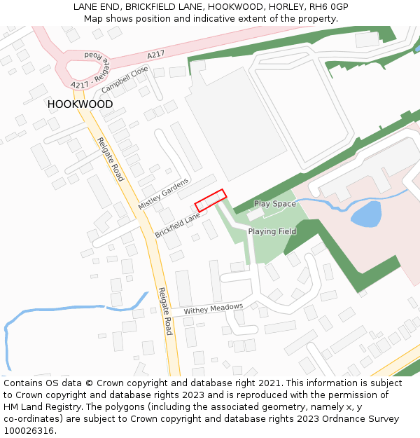 LANE END, BRICKFIELD LANE, HOOKWOOD, HORLEY, RH6 0GP: Location map and indicative extent of plot