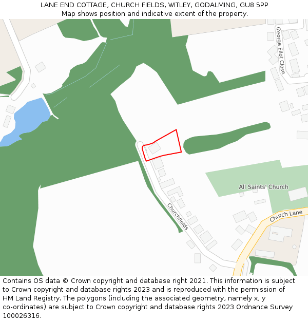 LANE END COTTAGE, CHURCH FIELDS, WITLEY, GODALMING, GU8 5PP: Location map and indicative extent of plot