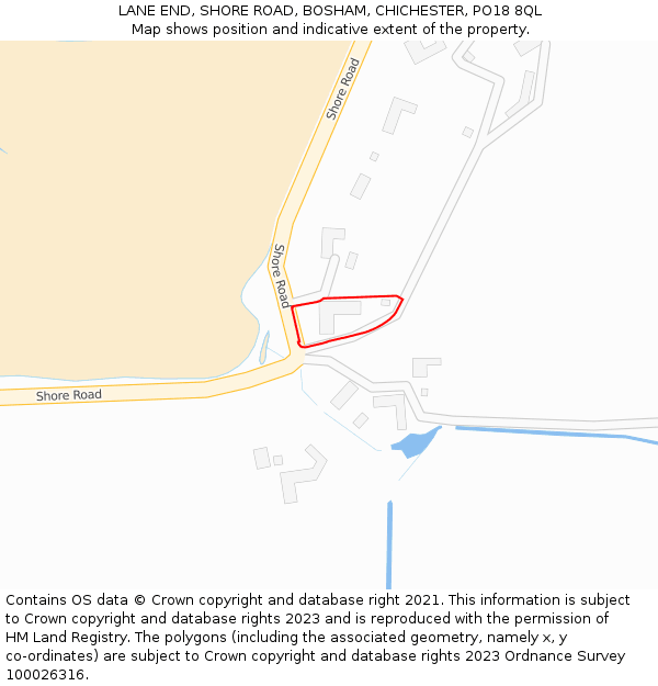 LANE END, SHORE ROAD, BOSHAM, CHICHESTER, PO18 8QL: Location map and indicative extent of plot