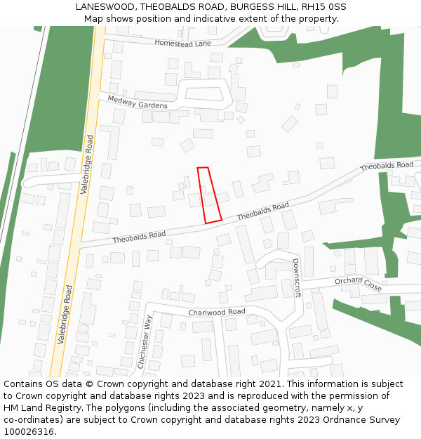 LANESWOOD, THEOBALDS ROAD, BURGESS HILL, RH15 0SS: Location map and indicative extent of plot