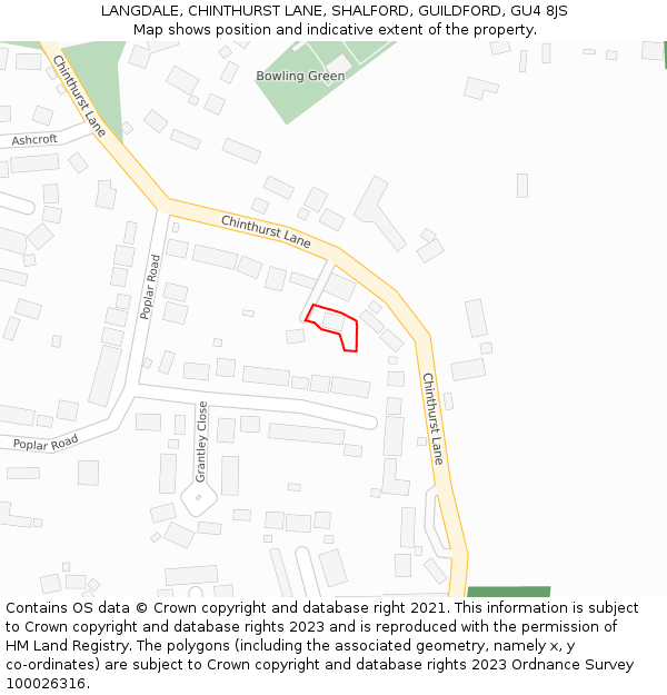 LANGDALE, CHINTHURST LANE, SHALFORD, GUILDFORD, GU4 8JS: Location map and indicative extent of plot