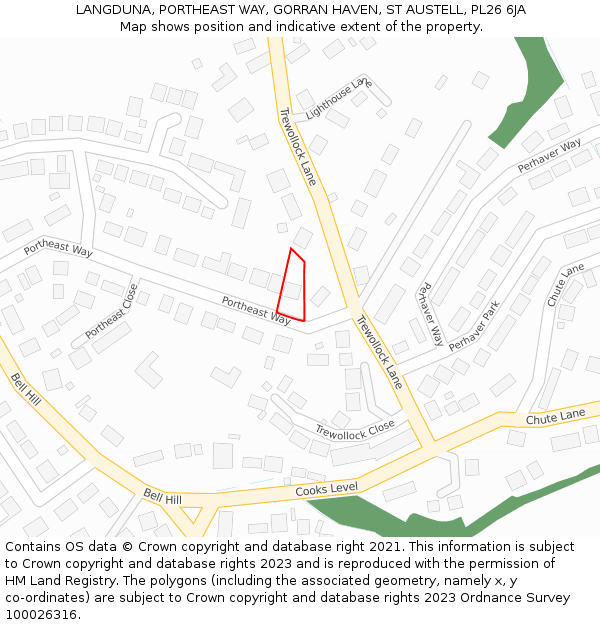 LANGDUNA, PORTHEAST WAY, GORRAN HAVEN, ST AUSTELL, PL26 6JA: Location map and indicative extent of plot