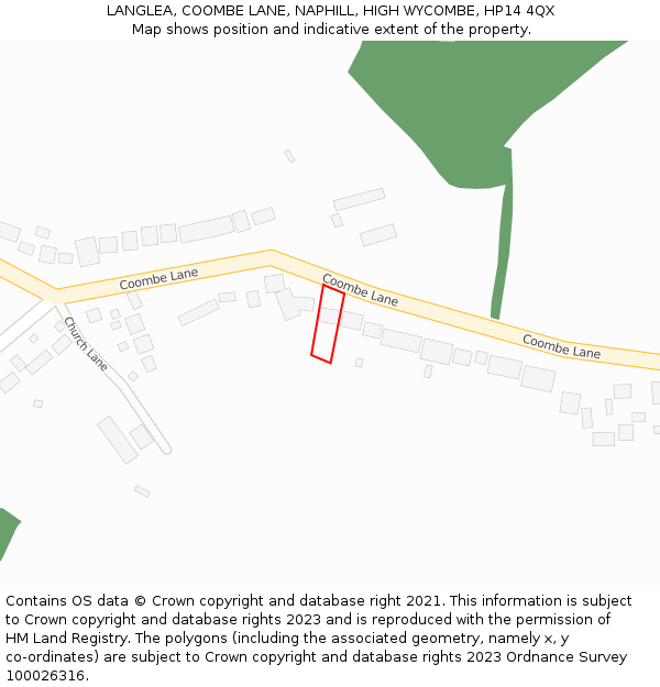 LANGLEA, COOMBE LANE, NAPHILL, HIGH WYCOMBE, HP14 4QX: Location map and indicative extent of plot