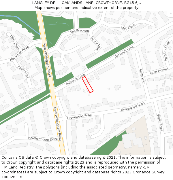 LANGLEY DELL, OAKLANDS LANE, CROWTHORNE, RG45 6JU: Location map and indicative extent of plot