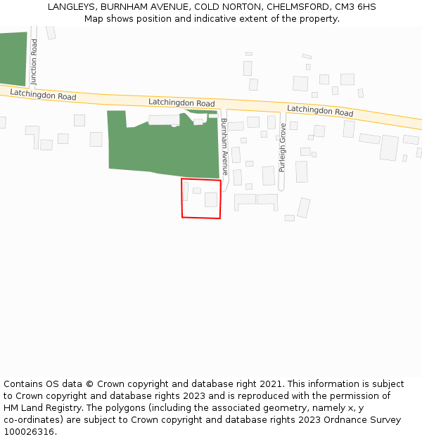 LANGLEYS, BURNHAM AVENUE, COLD NORTON, CHELMSFORD, CM3 6HS: Location map and indicative extent of plot
