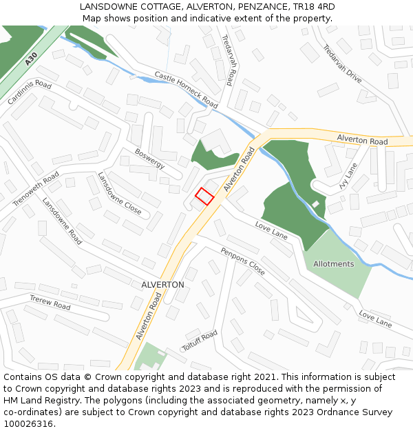 LANSDOWNE COTTAGE, ALVERTON, PENZANCE, TR18 4RD: Location map and indicative extent of plot