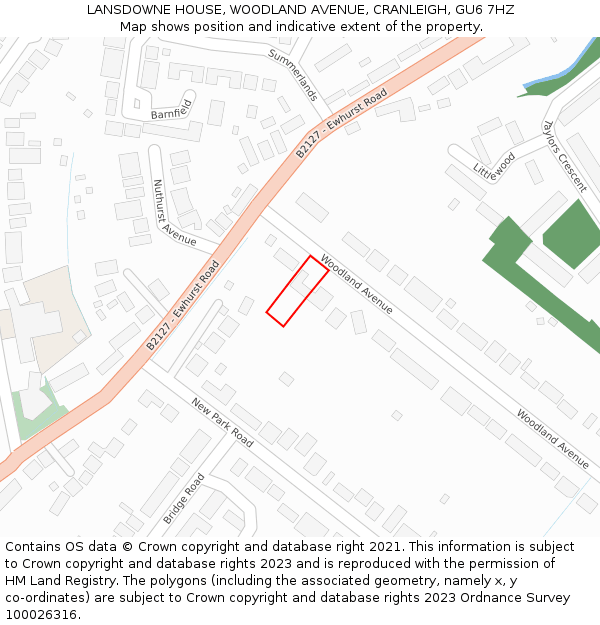 LANSDOWNE HOUSE, WOODLAND AVENUE, CRANLEIGH, GU6 7HZ: Location map and indicative extent of plot