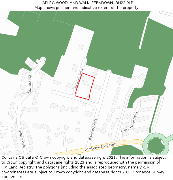 LAPLEY, WOODLAND WALK, FERNDOWN, BH22 9LP: Location map and indicative extent of plot