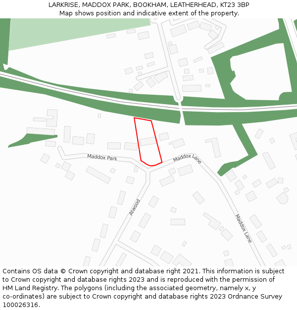 LARKRISE, MADDOX PARK, BOOKHAM, LEATHERHEAD, KT23 3BP: Location map and indicative extent of plot