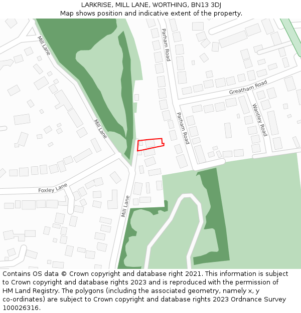 LARKRISE, MILL LANE, WORTHING, BN13 3DJ: Location map and indicative extent of plot