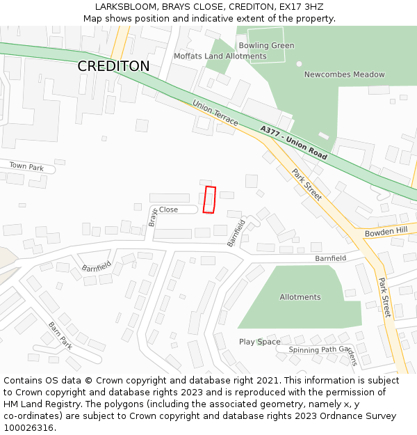 LARKSBLOOM, BRAYS CLOSE, CREDITON, EX17 3HZ: Location map and indicative extent of plot