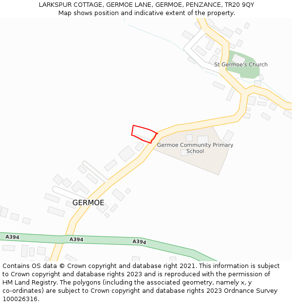 LARKSPUR COTTAGE, GERMOE LANE, GERMOE, PENZANCE, TR20 9QY: Location map and indicative extent of plot