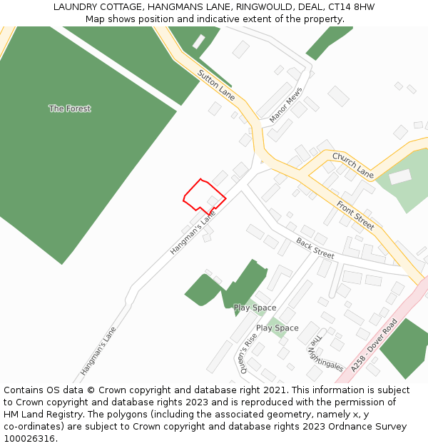 LAUNDRY COTTAGE, HANGMANS LANE, RINGWOULD, DEAL, CT14 8HW: Location map and indicative extent of plot