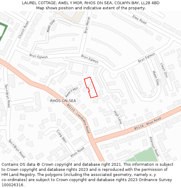 LAUREL COTTAGE, AWEL Y MOR, RHOS ON SEA, COLWYN BAY, LL28 4BD: Location map and indicative extent of plot