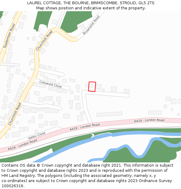 LAUREL COTTAGE, THE BOURNE, BRIMSCOMBE, STROUD, GL5 2TS: Location map and indicative extent of plot