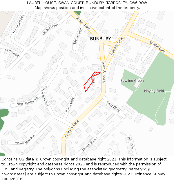 LAUREL HOUSE, SWAN COURT, BUNBURY, TARPORLEY, CW6 9QW: Location map and indicative extent of plot