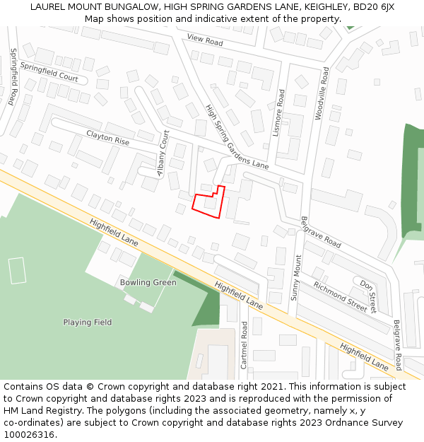 LAUREL MOUNT BUNGALOW, HIGH SPRING GARDENS LANE, KEIGHLEY, BD20 6JX: Location map and indicative extent of plot