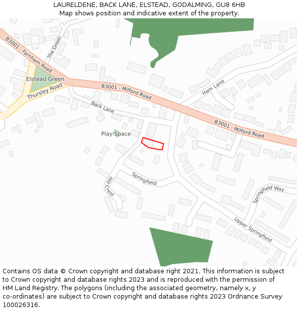 LAURELDENE, BACK LANE, ELSTEAD, GODALMING, GU8 6HB: Location map and indicative extent of plot