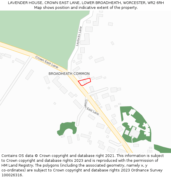 LAVENDER HOUSE, CROWN EAST LANE, LOWER BROADHEATH, WORCESTER, WR2 6RH: Location map and indicative extent of plot