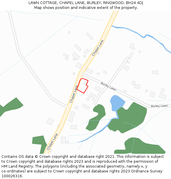 LAWN COTTAGE, CHAPEL LANE, BURLEY, RINGWOOD, BH24 4DJ: Location map and indicative extent of plot