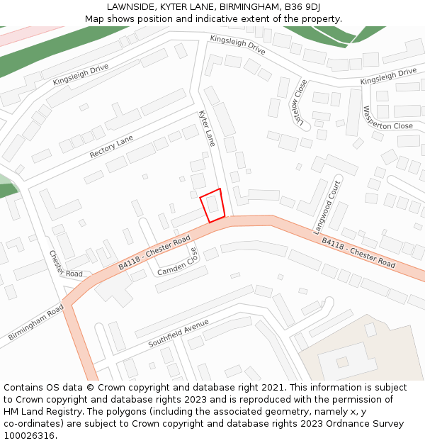 LAWNSIDE, KYTER LANE, BIRMINGHAM, B36 9DJ: Location map and indicative extent of plot