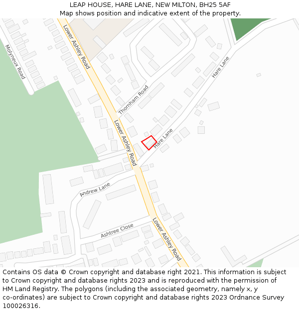 LEAP HOUSE, HARE LANE, NEW MILTON, BH25 5AF: Location map and indicative extent of plot