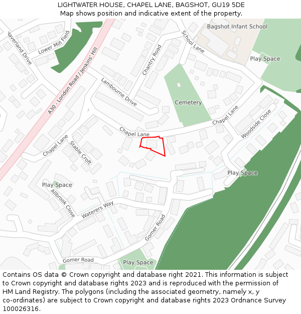 LIGHTWATER HOUSE, CHAPEL LANE, BAGSHOT, GU19 5DE: Location map and indicative extent of plot