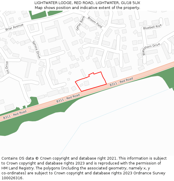 LIGHTWATER LODGE, RED ROAD, LIGHTWATER, GU18 5UX: Location map and indicative extent of plot