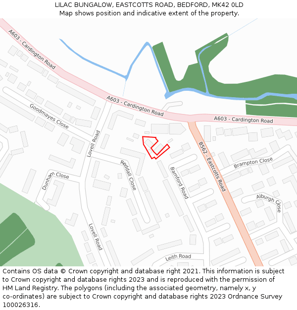 LILAC BUNGALOW, EASTCOTTS ROAD, BEDFORD, MK42 0LD: Location map and indicative extent of plot