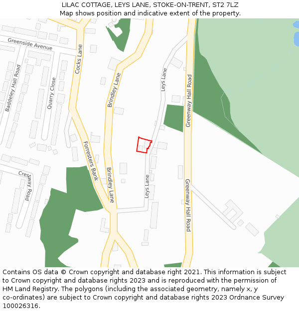 LILAC COTTAGE, LEYS LANE, STOKE-ON-TRENT, ST2 7LZ: Location map and indicative extent of plot