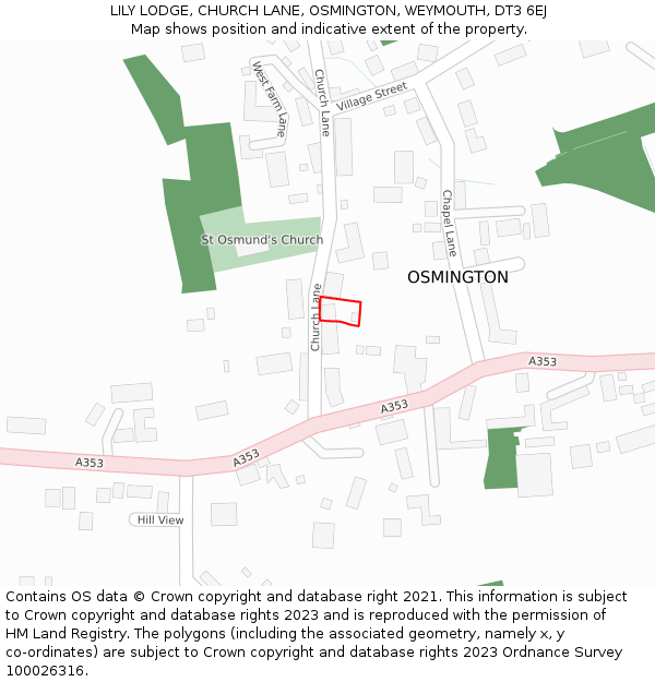 LILY LODGE, CHURCH LANE, OSMINGTON, WEYMOUTH, DT3 6EJ: Location map and indicative extent of plot