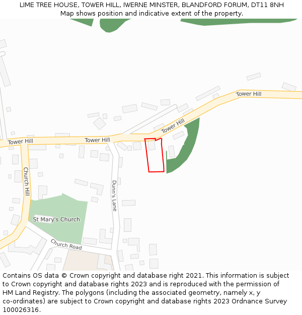 LIME TREE HOUSE, TOWER HILL, IWERNE MINSTER, BLANDFORD FORUM, DT11 8NH: Location map and indicative extent of plot