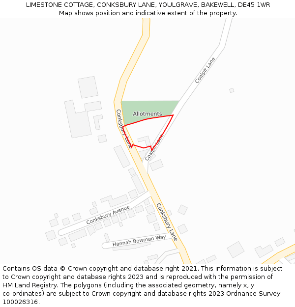 LIMESTONE COTTAGE, CONKSBURY LANE, YOULGRAVE, BAKEWELL, DE45 1WR: Location map and indicative extent of plot