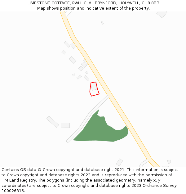 LIMESTONE COTTAGE, PWLL CLAI, BRYNFORD, HOLYWELL, CH8 8BB: Location map and indicative extent of plot