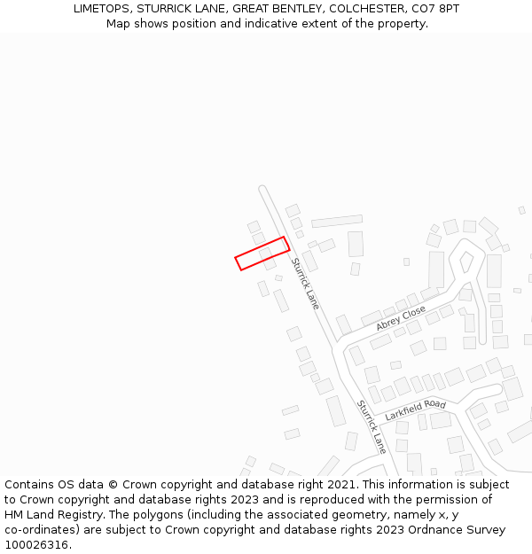 LIMETOPS, STURRICK LANE, GREAT BENTLEY, COLCHESTER, CO7 8PT: Location map and indicative extent of plot