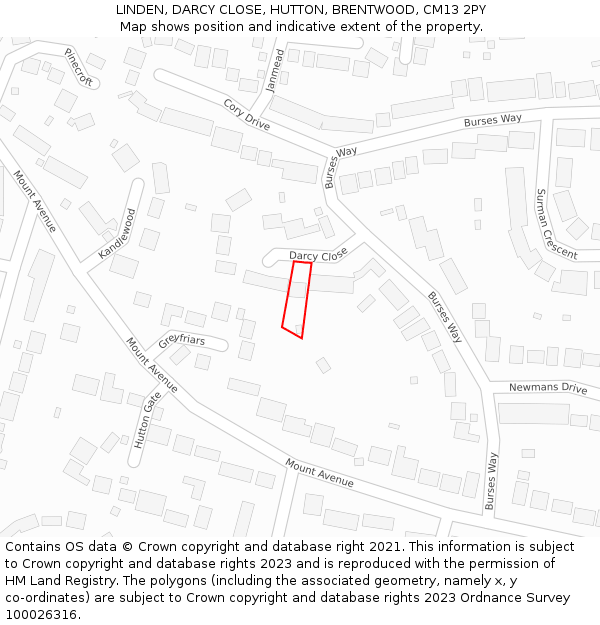 LINDEN, DARCY CLOSE, HUTTON, BRENTWOOD, CM13 2PY: Location map and indicative extent of plot
