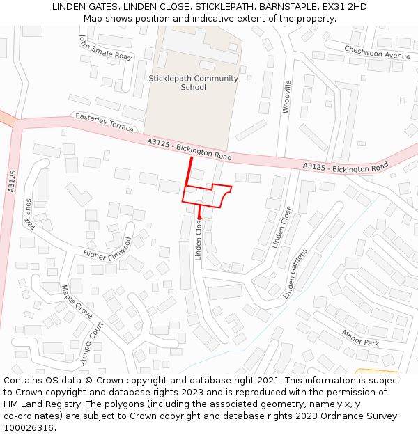 LINDEN GATES, LINDEN CLOSE, STICKLEPATH, BARNSTAPLE, EX31 2HD: Location map and indicative extent of plot