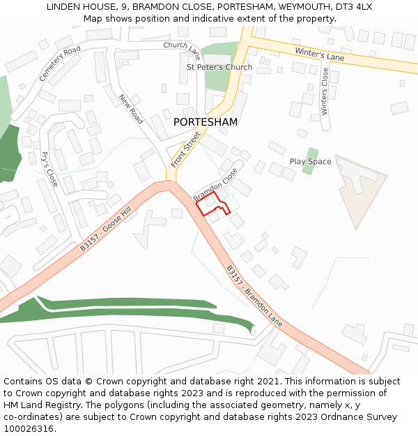 LINDEN HOUSE, 9, BRAMDON CLOSE, PORTESHAM, WEYMOUTH, DT3 4LX: Location map and indicative extent of plot