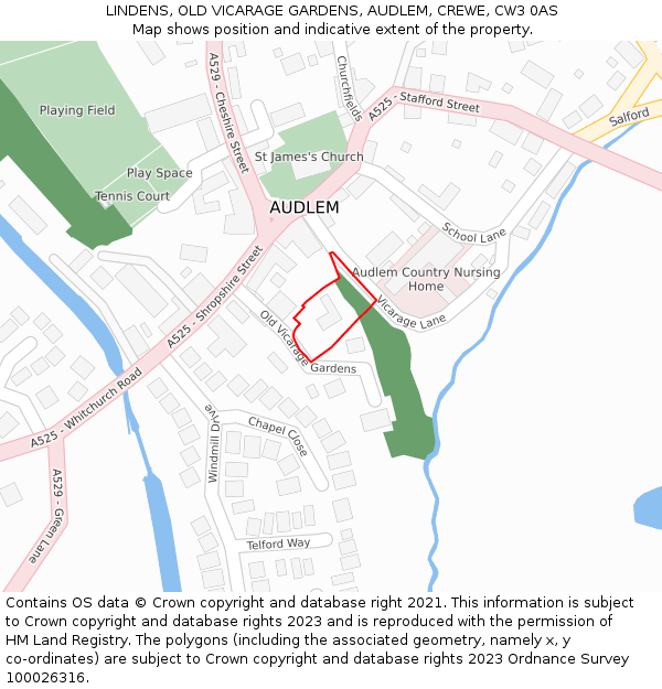 LINDENS, OLD VICARAGE GARDENS, AUDLEM, CREWE, CW3 0AS: Location map and indicative extent of plot