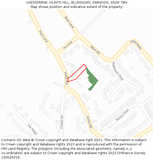 LINDISFARNE, HUNTS HILL, BLUNSDON, SWINDON, SN26 7BN: Location map and indicative extent of plot