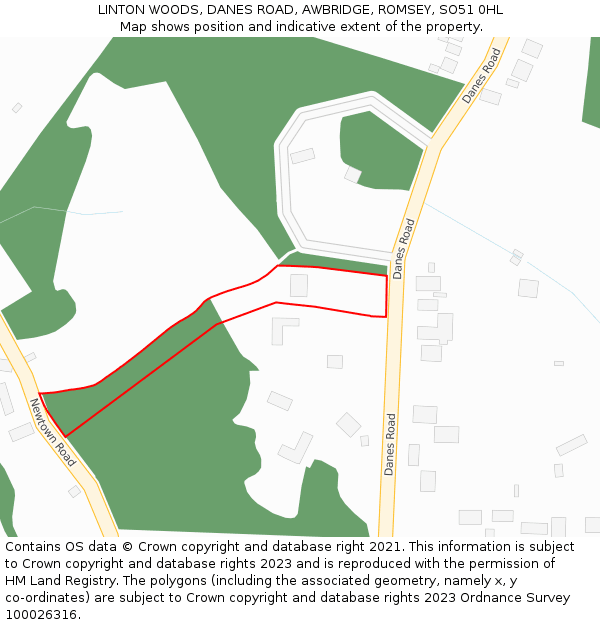 LINTON WOODS, DANES ROAD, AWBRIDGE, ROMSEY, SO51 0HL: Location map and indicative extent of plot