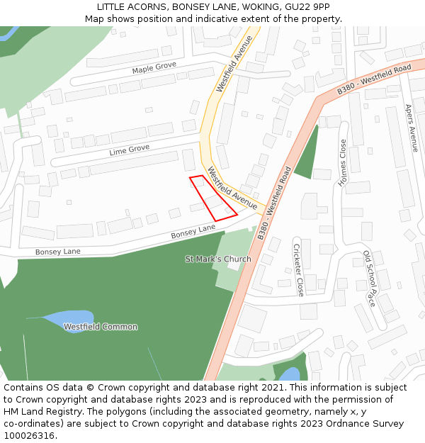 LITTLE ACORNS, BONSEY LANE, WOKING, GU22 9PP: Location map and indicative extent of plot