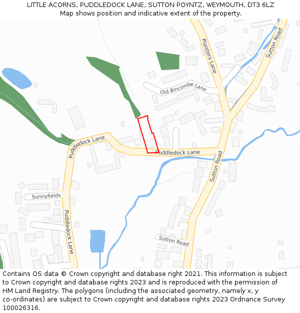 LITTLE ACORNS, PUDDLEDOCK LANE, SUTTON POYNTZ, WEYMOUTH, DT3 6LZ: Location map and indicative extent of plot