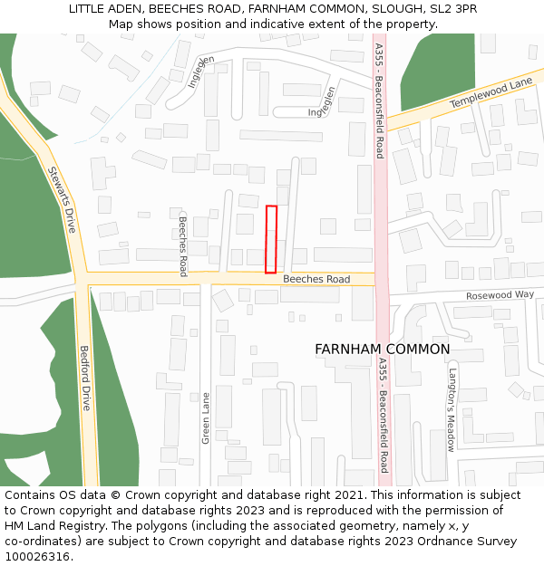 LITTLE ADEN, BEECHES ROAD, FARNHAM COMMON, SLOUGH, SL2 3PR: Location map and indicative extent of plot